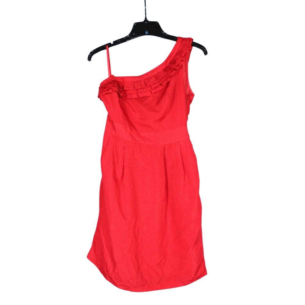 THE LIMITED Lined SATIN Red RUFFLE ONE-SHOULDER Pockets PLEATED Sheath Dress S - Picture 2 of 7